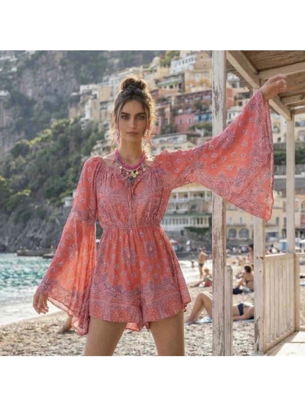 Antica Sartoria 2026 Boho Pink Coral Paisley Bell-Sleeve Off Shoulder Romper NWT